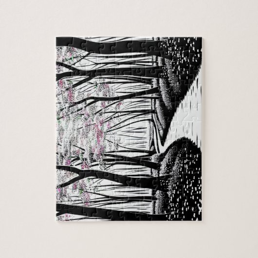 Zwart-wit Silhouetbos van Paarse bladeren Legpuzzel (Verticaal)