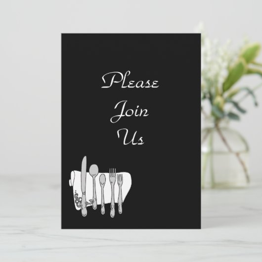 Zwart Wit Silverware Custom Invitation Sjabloon Kaart (Staand voorkant)