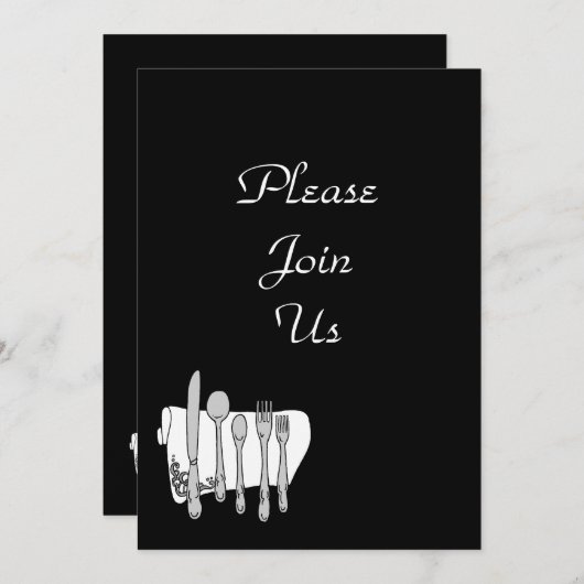 Zwart Wit Silverware Custom Invitation Sjabloon Kaart (Voorkant / Achterkant)