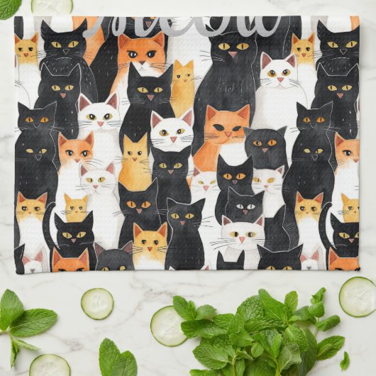 Zwart Wit Sinaasappel Katten Theedoek (Gevouwen)