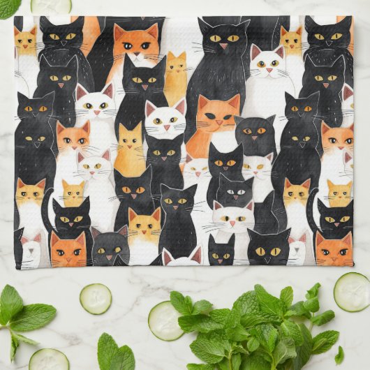 Zwart Wit Sinaasappel Katten Theedoek (Gevouwen)