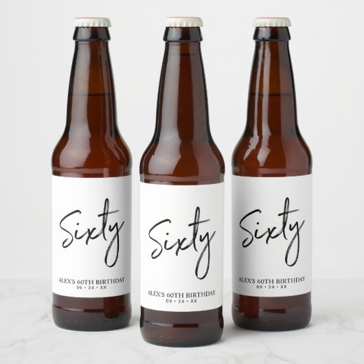 Zwart & Wit Sixty Lettering 60ste Verjaardagsfeest Bier Etiket (Flessen)