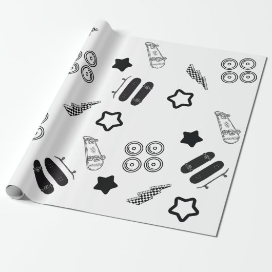 Zwart-wit Skateboarden Wrapping Paper Cadeaupapier (Uitgerold)