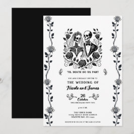 Zwart Wit Skelet Bloemen Roos Wijnstok Wedding Kaart