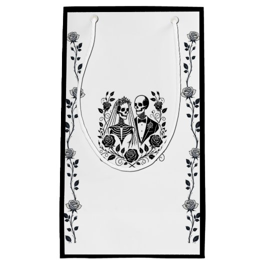 Zwart Wit Skelet Bloemen Roos Wijnstok Wedding Klein Cadeauzakje (Voorkant)