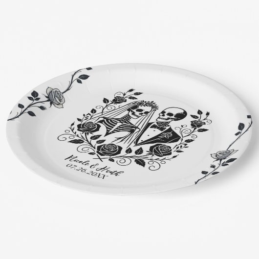 Zwart Wit Skelet Bloemen Roos Wijnstok Wedding Papieren Bordje (Gekanteld)