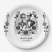 Zwart Wit Skelet Bloemen Roos Wijnstok Wedding Papieren Bordje (Voorkant)