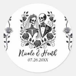 Zwart Wit Skelet Bloemen Roos Wijnstok Wedding Ronde Sticker
