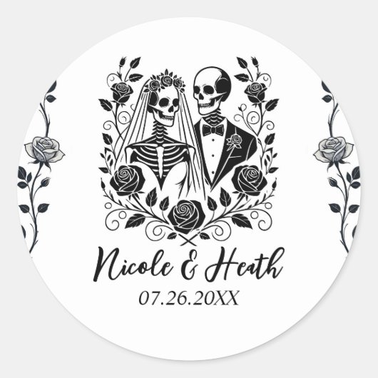 Zwart Wit Skelet Bloemen Roos Wijnstok Wedding Ronde Sticker (Voorkant)