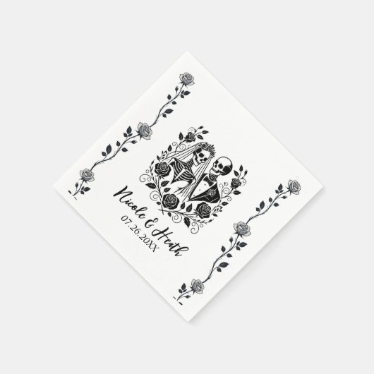 Zwart Wit Skelet Bloemen Roos Wijnstok Wedding Servet (Hoek)