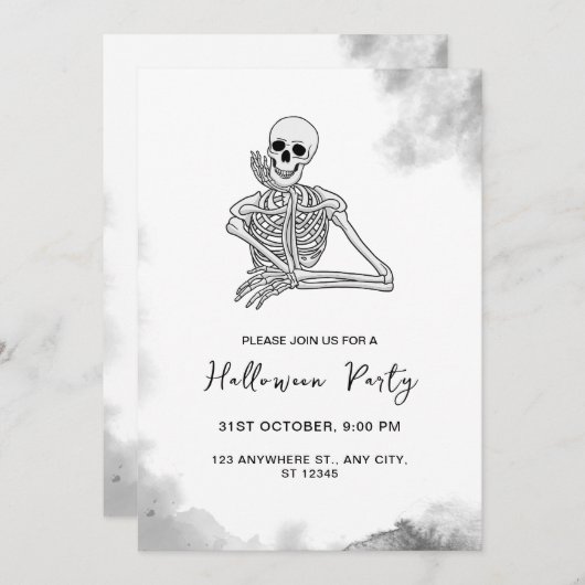 Zwart & Wit Skelet Halloween Feestuitnodiging Kaart (Voorkant / Achterkant)