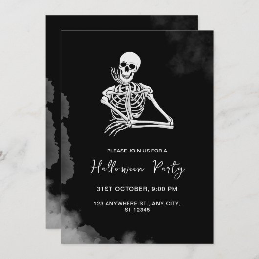 Zwart & Wit Skelet Halloween Feestuitnodiging Kaart (Voorkant / Achterkant)