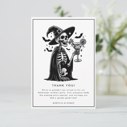 Zwart-wit skelet Halloween Party Bedankkaart (Staand voorkant)