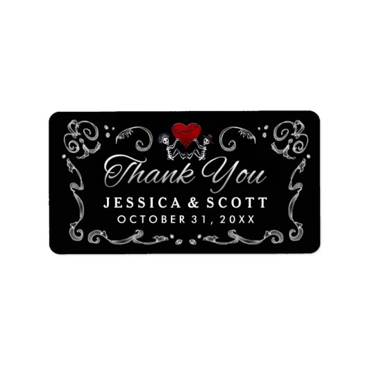 Zwart wit skelet & hart bruiloft dank u etiket (Voorkant)