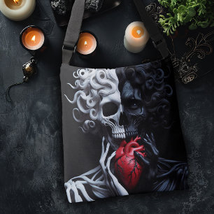 Zwart-wit skelet met een rood hart crossbody tas