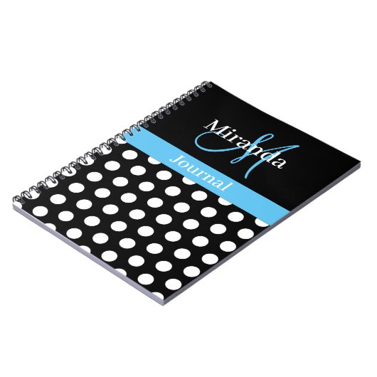 Zwart Wit Sky Blauw Monogram Script Polka Dots Notitieboek (Linkerzijde)