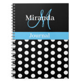 Zwart Wit Sky Blauw Monogram Script Polka Dots Notitieboek (Voorkant)