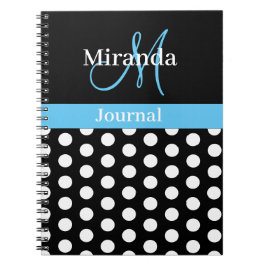 Zwart Wit Sky Blauw Monogram Script Polka Dots Notitieboek