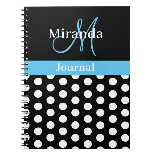 Zwart Wit Sky Blauw Monogram Script Polka Dots Notitieboek (Voorkant)