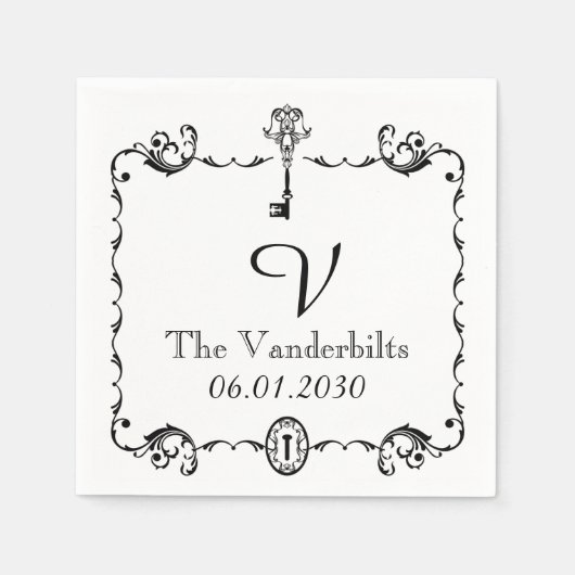 Zwart-wit Sleutel Monogram Bruiloft Servetten (Voorkant)