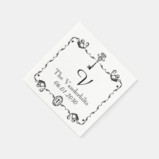 Zwart-wit Sleutel Monogram Bruiloft Servetten (Hoek)