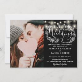 Zwart-Wit Slingerlichten Bloemfotowedding Kaart