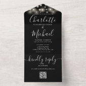 Zwart-Wit Slingerlichten QR-code Trouwfeest  All In One Uitnodiging (Binnen)