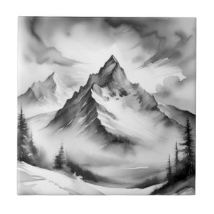 Zwart-wit Sneeuw bedekte bergen aquarel Tegeltje