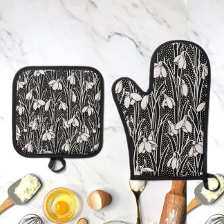 Zwart & Wit Sneeuwklokje Patroon Ovenwant & Pannenlap Set