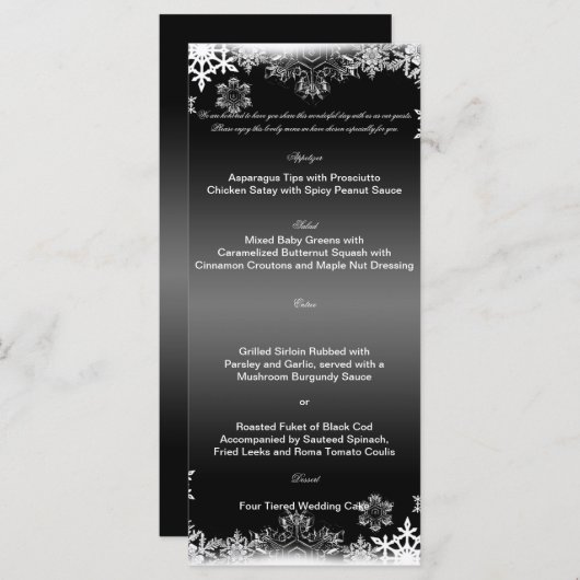 Zwart-wit Sneeuwvlok Bruiloft Menu (Voorkant / Achterkant)