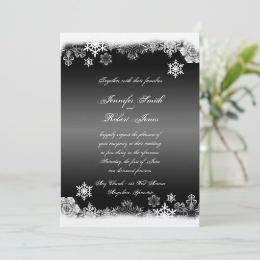 Zwart-wit Sneeuwvlok bruiloft uitnodiging (Staand voorkant)