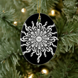 Zwart-wit Sneeuwvlok Muzieknoten Monogram Keramisch Ornament