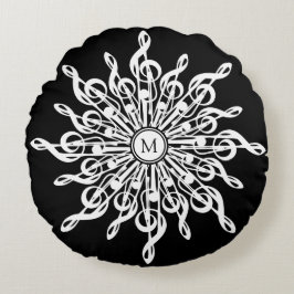Zwart-wit Sneeuwvlok Muzieknoten Monogram Rond Kussen