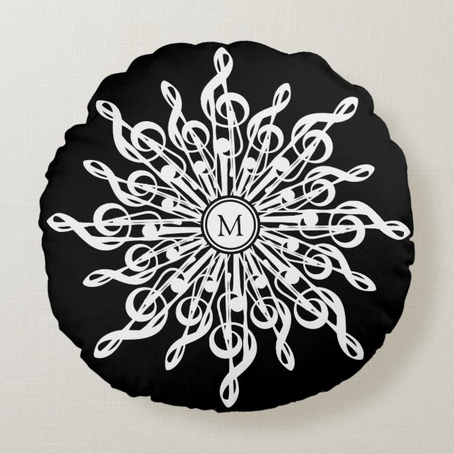Zwart-wit Sneeuwvlok Muzieknoten Monogram Rond Kussen (Voorkant)