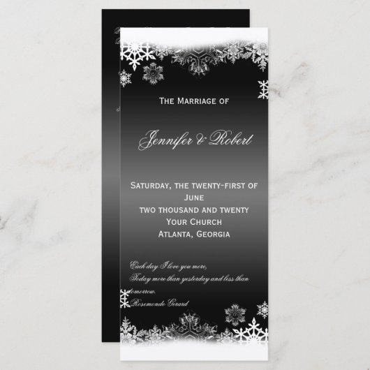 Zwart-wit Sneeuwvlokken Huwelijksprogramma Programmakaart (Voorkant / Achterkant)