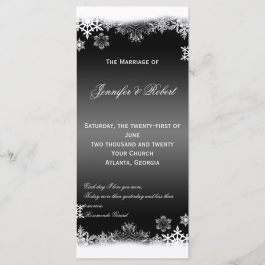 Zwart-wit Sneeuwvlokken Huwelijksprogramma Programmakaart (Voorkant)
