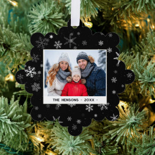 Zwart-wit Sneeuwvlokken Prettig Kerstmis Foto Ornament Kaart