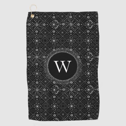 Zwart-wit sneeuwvlokkenpatroon monogram golfhanddoek (Voorkant)