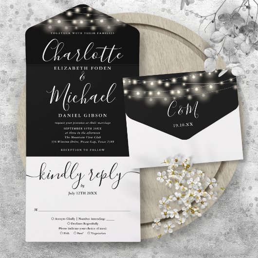 Zwart-wit snoerlampen chic script bruiloft all in one uitnodiging