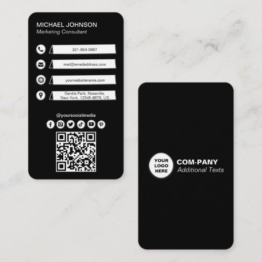 Zwart Wit Sociale Iconen QR Code Minimalistisch Aa Visitekaartje (Voorkant / Achterkant)