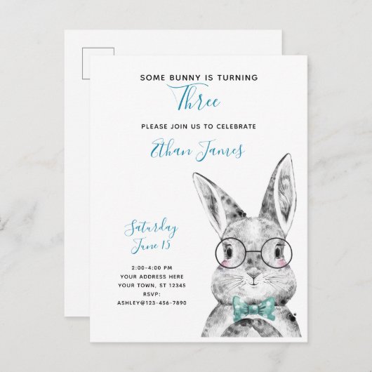 Zwart-wit Sommige Bunny draait om drie verjaardag Uitnodiging Briefkaart (Voorkant / Achterkant)