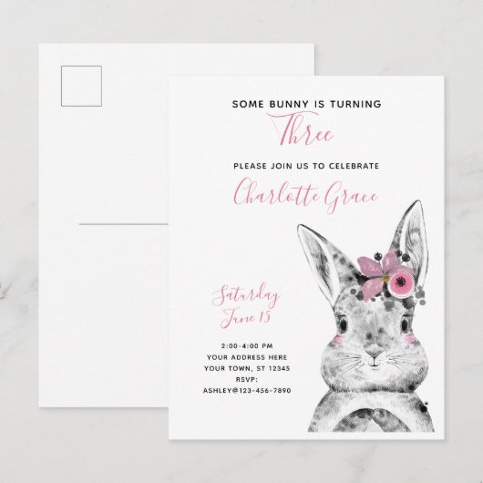 Zwart-wit Sommige Bunny draait om drie verjaardag Uitnodiging Briefkaart (Voorkant / Achterkant)
