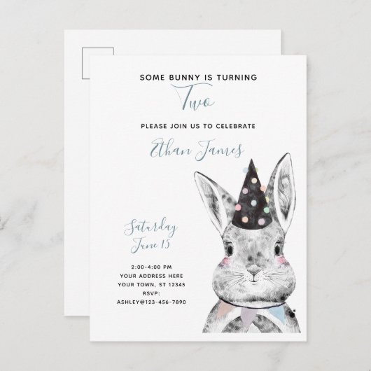Zwart-wit Sommige Bunny draait om twee verjaardag Uitnodiging Briefkaart (Voorkant / Achterkant)