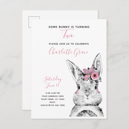 Zwart-wit Sommige Bunny draait om twee verjaardag Uitnodiging Briefkaart (Voorkant / Achterkant)