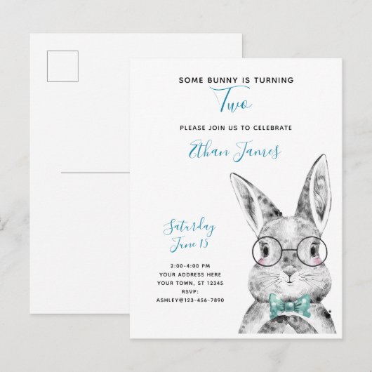 Zwart-wit Sommige Bunny draait om twee verjaardag Uitnodiging Briefkaart (Voorkant / Achterkant)