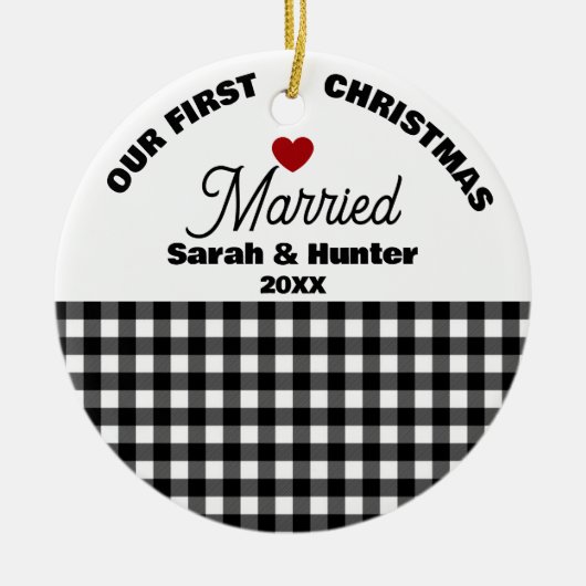 Zwart-wit speelde onze eerste kerst getrouwd keramisch ornament (Voorkant)