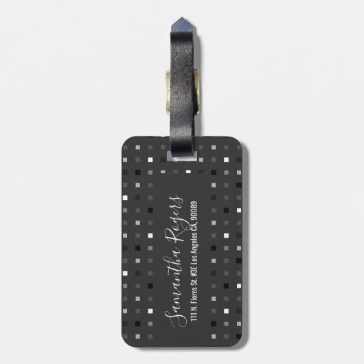 Zwart wit speels pixelpatroon bagagelabel (Achterkant verticaal)