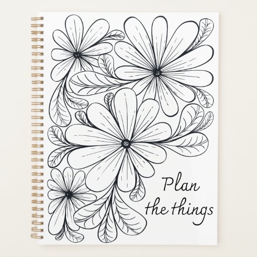 Zwart-wit speelse bloemen en bladeren ontwerp planner (Voorkant)