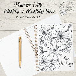 Zwart-wit speelse bloemen en bladeren ontwerp planner