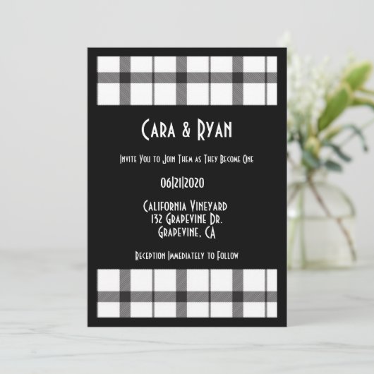 Zwart, wit, speldenband, Classy, Chic, Modern Wedd Kaart (Staand voorkant)